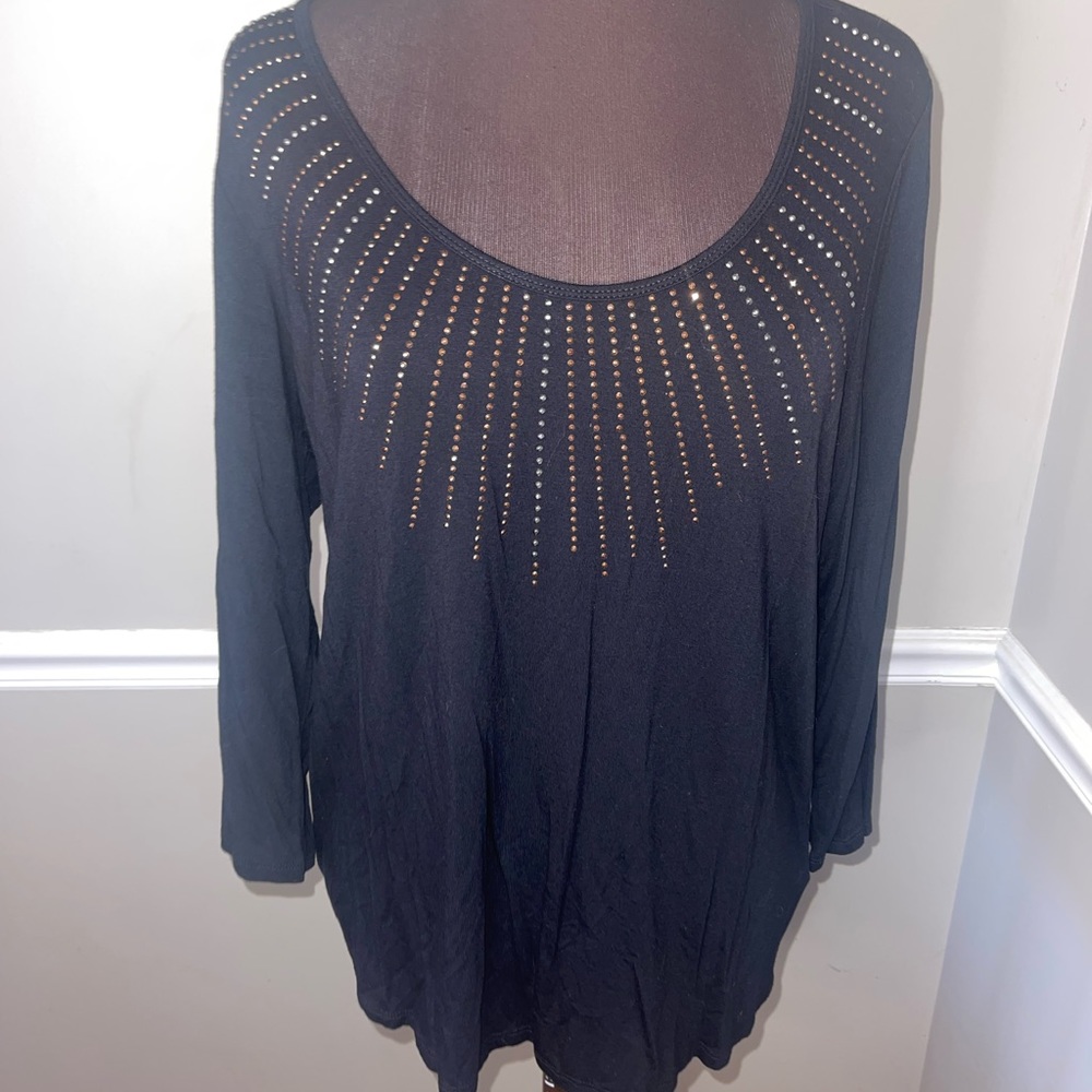 Ellen Tracy Womens Plus Sz 1X Black Copper Rhinestones 3/4 Sleeves Scoop Neck